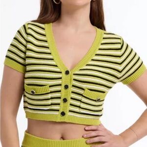 Bebe Women’s Button Front Cropped Cardigan Sweater Yellow Black Size‎ L NWT